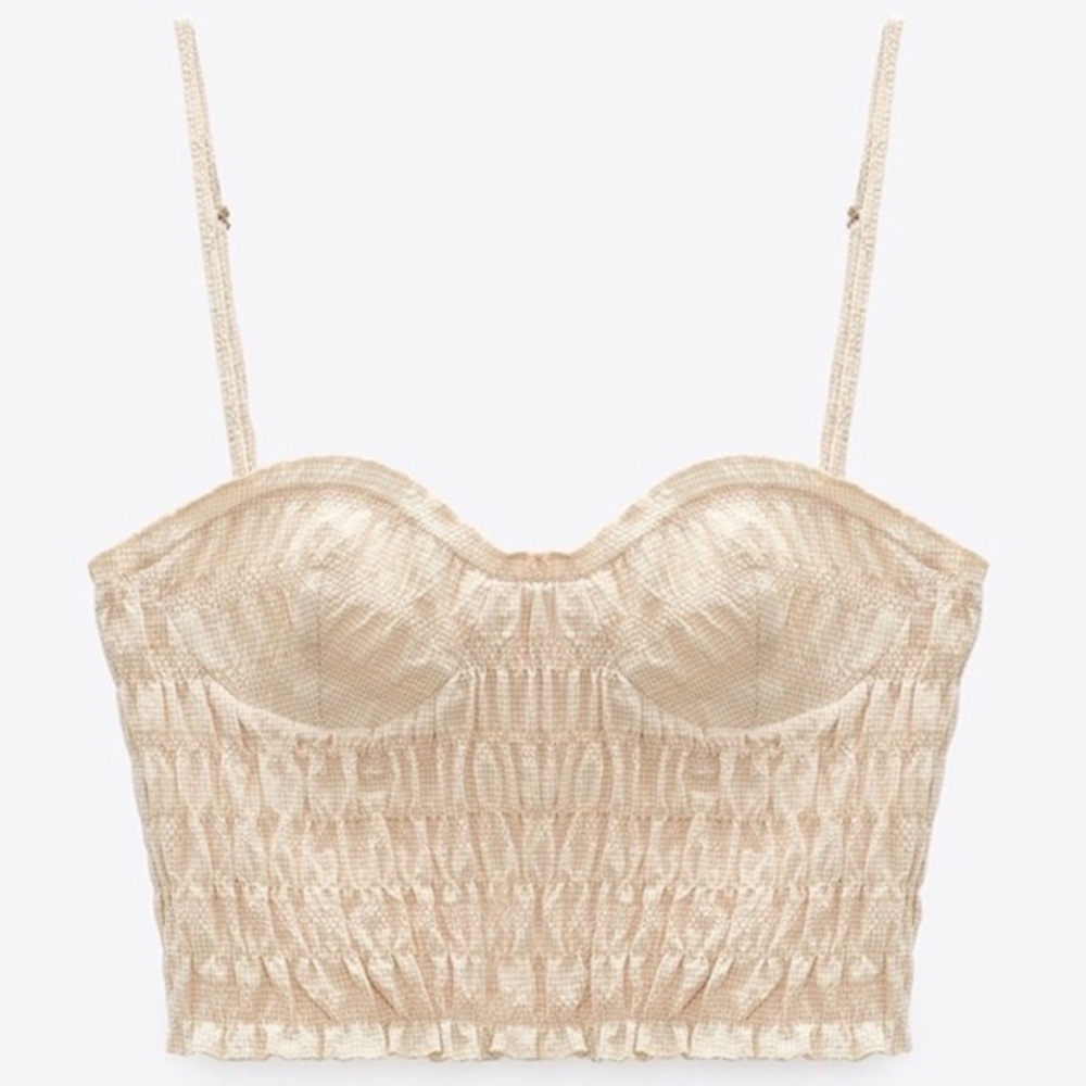 Zara ruched bustier style beige cream cropped top with spaghetti straps